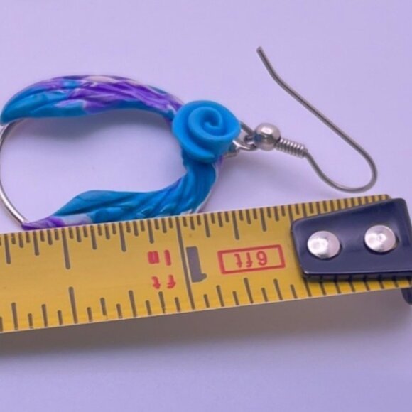 Handcrafted Floral Dangle Earrings Silver Tone & Polymer Clay Blue Flower - Picture 4 of 6